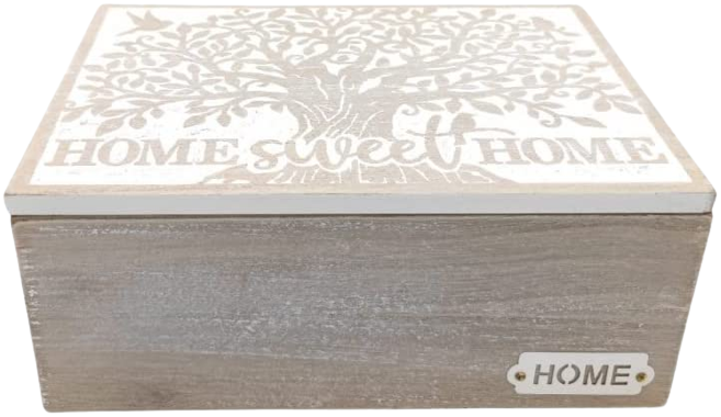 Caja de madera decorada en tonos claros y dibujo en tapa principal